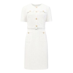 Women's Tweed Sheath Dress Belted Short Sleeve Work Pencil Dress Beige White